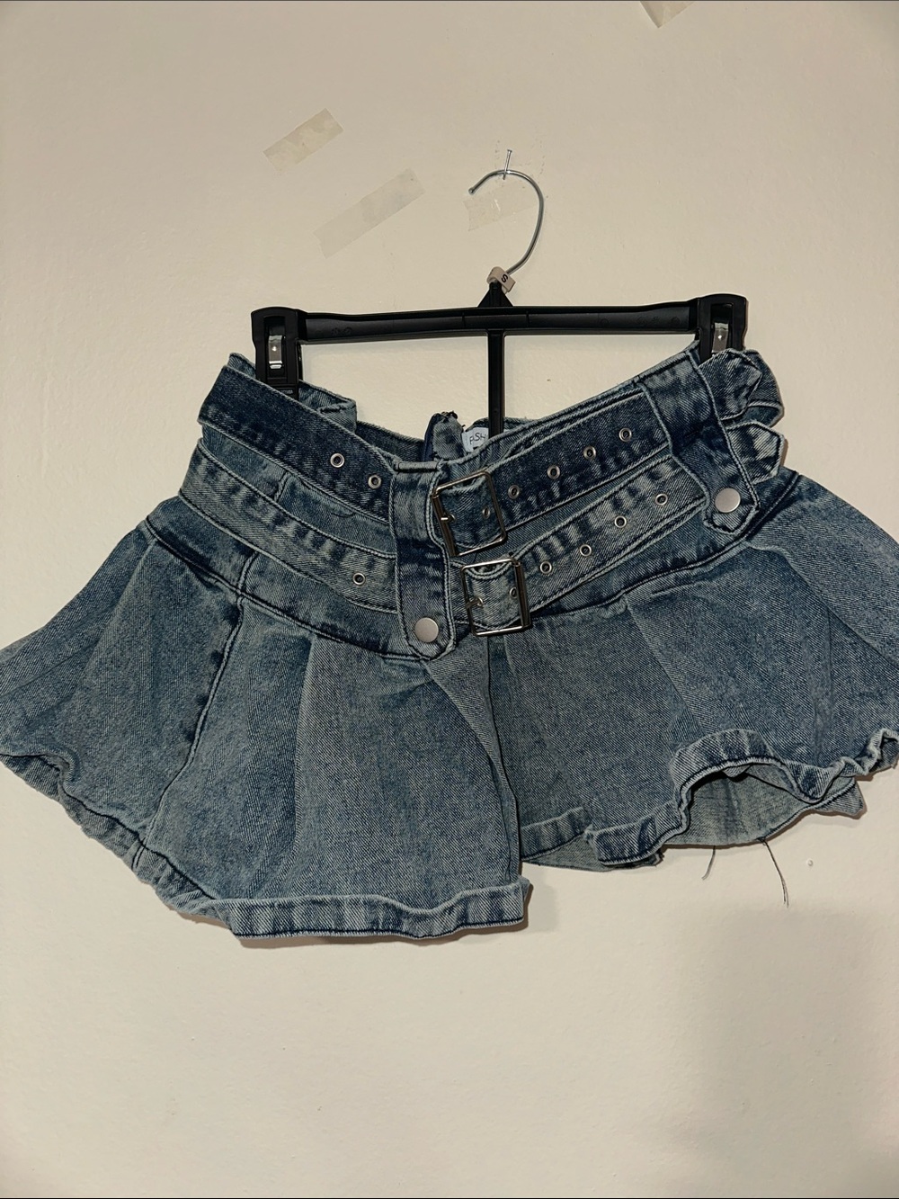 Fashion Nova Blue Ruffle Denim Shorts with Double Belt